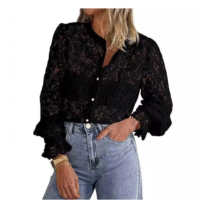 European And American Ladies Fashion Casual Lace Shirt Long Sleeve Button Shirt