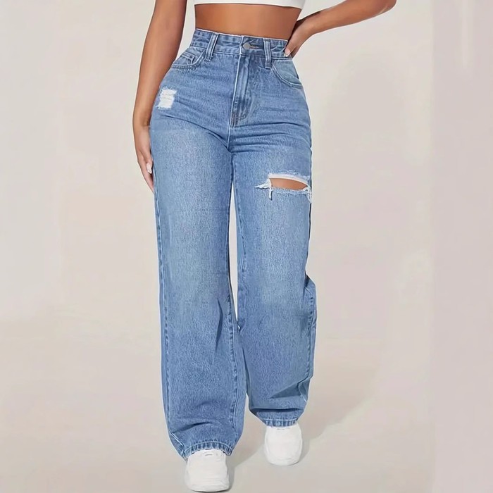 European And American Ladies Washed Hole Denim Trousers