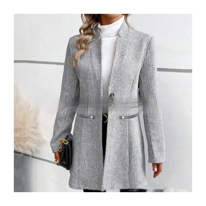 European And American Leisure Vertical Pattern Women's Woolen Jacket Zipper