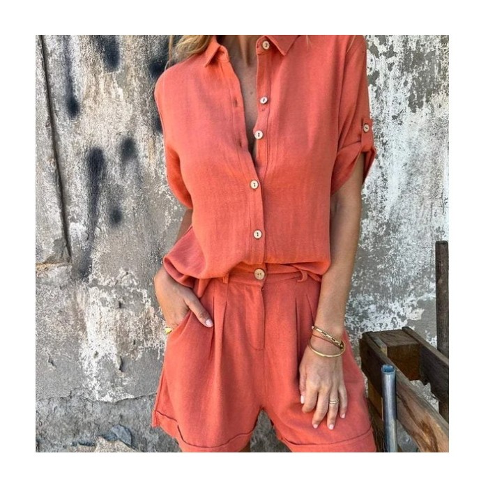 European And American Mid-sleeve Cotton Linen Lapel Shirt Outfit