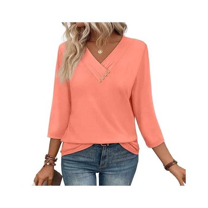 European And American New Autumn Women's Clothing Button V-neck Fashion Casual Sleeve T-shirt