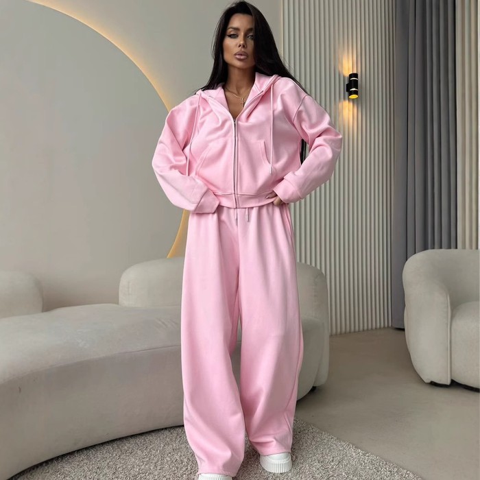 European And American Solid Color Long Sleeve Zipper Cardigan Hoodie Lace-up Trousers Two-piece Set