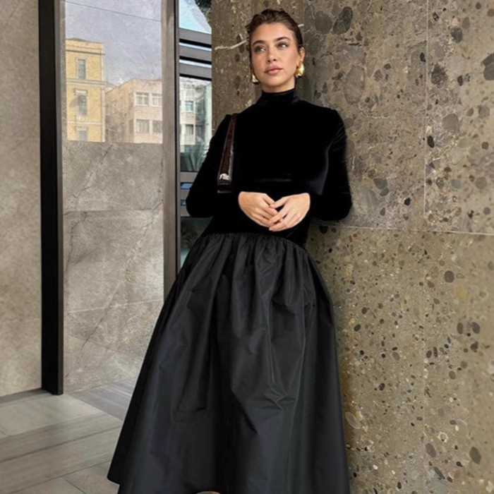 Female Stitching Pleated French Dress