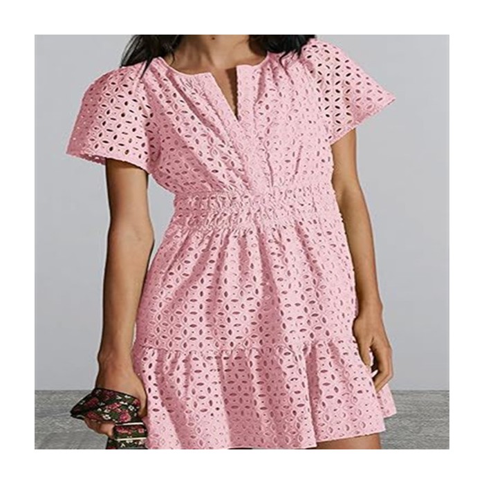 Female V-neck Hollow Lace Pleated Short Sleeves Dress