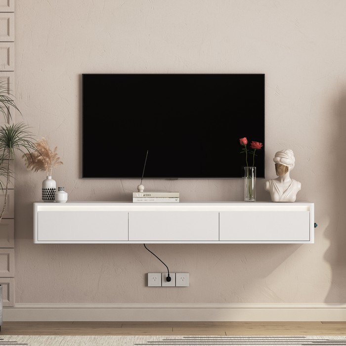 Floating TV Stand, Wall Mounted TV Shelf With Led Lights & Power Outlet,Cabinet For White Tv Stands For Living Room