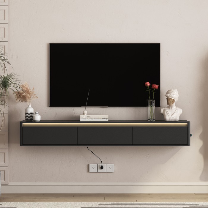 Floating TV Stand, Wall Mounted TV Shelf With Led Lights & Power Outlet,High TV Cabinet For Black Tv Stands For Living Room