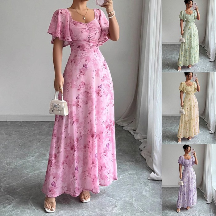 Flowers Printed Lotus Sleeve Dress Summer Elegant Slim Dresses Women's Clothing