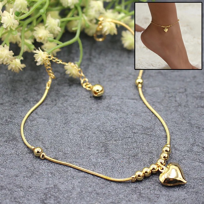 Gothic Gold Color Heart Pendant Anklet For Women Ball Beaded Anklet Vintage Chunky Jewelry
