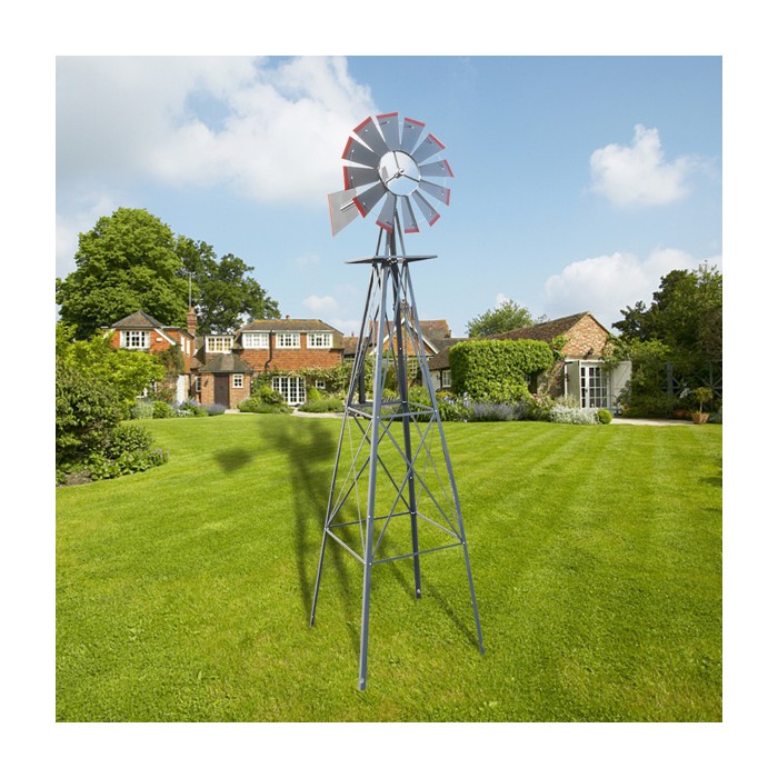 Grey And Red With Wind Vane, 4-pod Standing Windmill