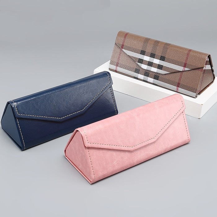Handmade Stitching PU Cowhide Compression Resistance Triangle Folding Glasses Case