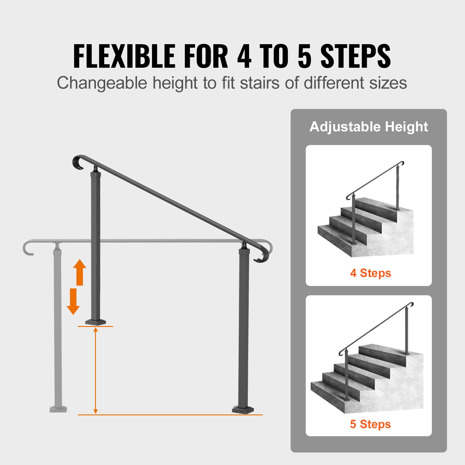 Handrails For Outdoor Steps, Fit 3-5 Steps Outdoor Stair Railing, Wrought Iron Handrail, Flexible Front Porch Hand Rail, Black Transitional Hand Railings For Concrete Steps Or Wood