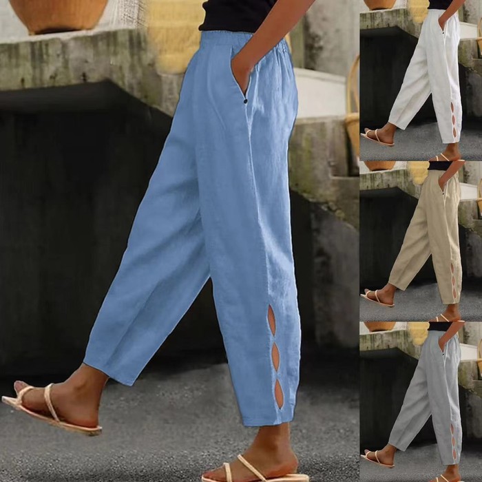 Hollow-Out Ankle Detail Trousers - Button-Adorned Bottom Hem Pants For Women Summer Daily Wear