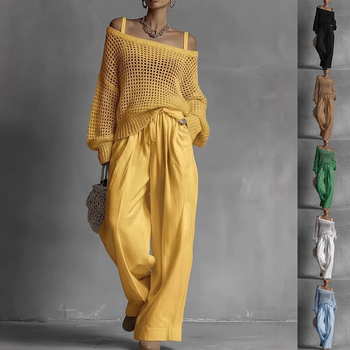 Hollow-Out Knitted Suits Women Loose Pullover Top And Drawstring Straight-leg Pants Casual Two-Piece Set Outfit