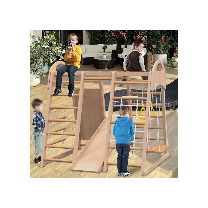 Indoor Playground 7-in-1 Jungle Gym Playset For Kids 2-6yrs - Slide, Climbing Wall, Rope Wall Climber, Monkey Bars, Swing - Waldorf And Montessori Style Wooden Climb Set.