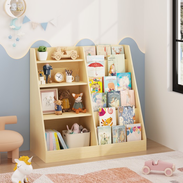 Kids Bookshelf And Toy Storage Organizer, Multifunctional 4 Tier Wooden Kids Book Shelf With Bookcase Display Stand In Kids Room Playroom Nursery For Kids, Children, Toddlers Natural