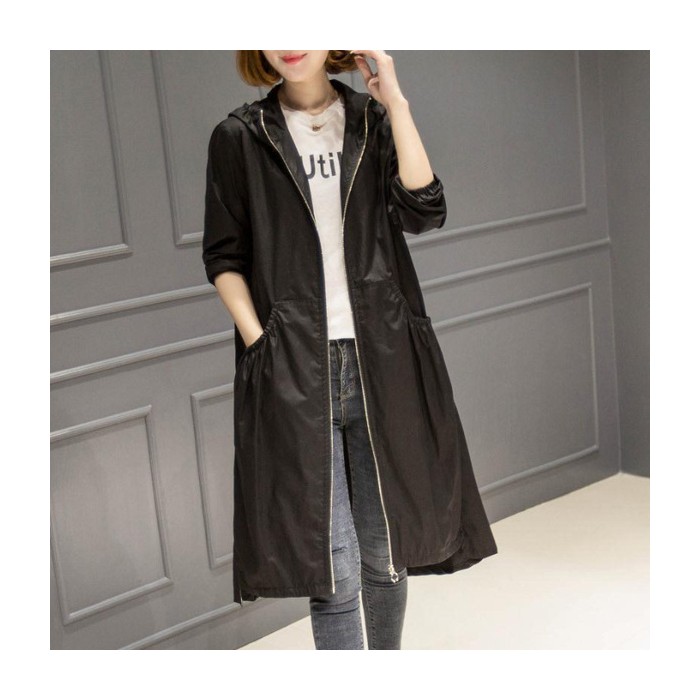 Korean Style Hooded Mid-Length Over-The-Knee Trench Coat