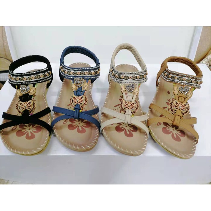 Large Size Flat Sandals Flower Rhinestone Sandals Beach Shoes