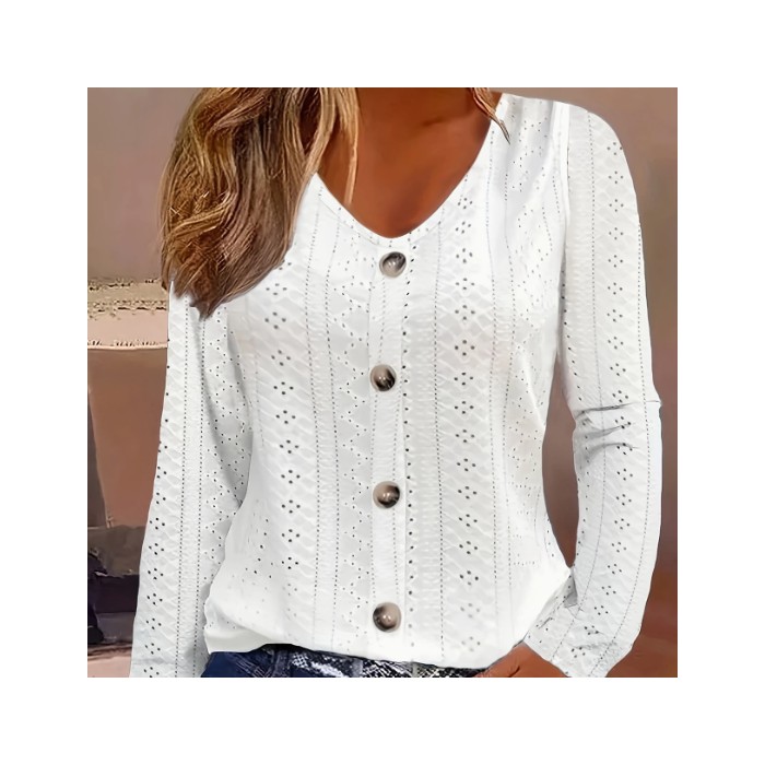 Long Sleeve Shirt Button Front V Neck Blouse Women's Clothing