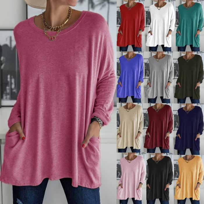 Long Sleeve Shirt Solid Color Round Neck Top Loose Fit Casual Shirt With Pocket For Women