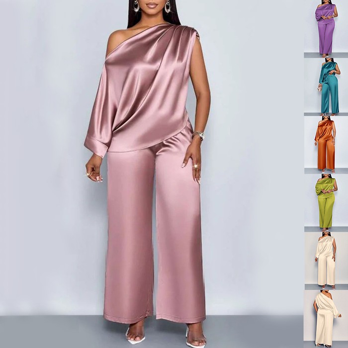 Long-sleeved Suit Off-shoulder Pullover Shirt Top And Loose Straight-leg Trousers Women's Clothing