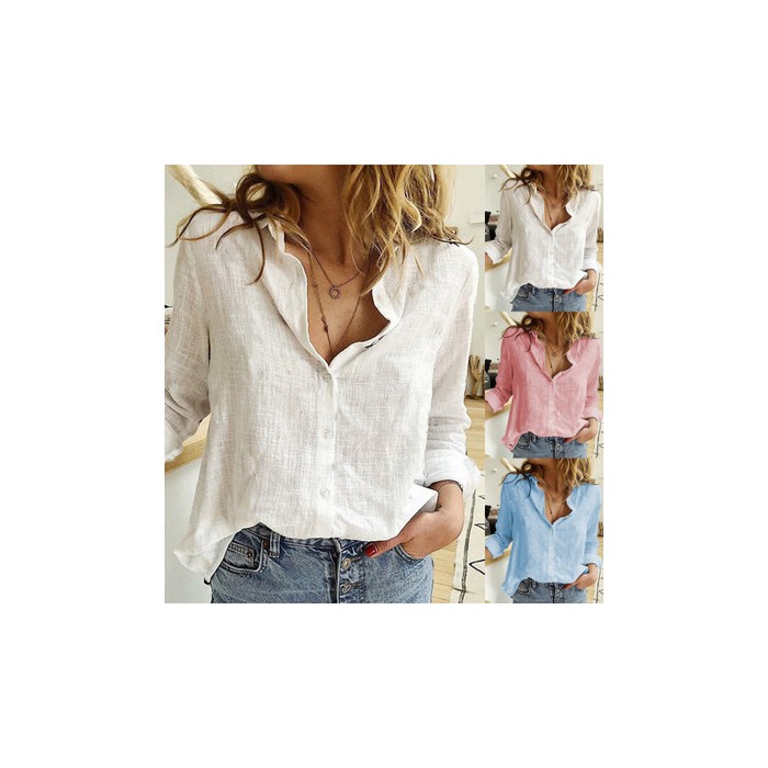 Loose Button Lapel Cardigan Top Long Sleeve Shirt Womens Blouses