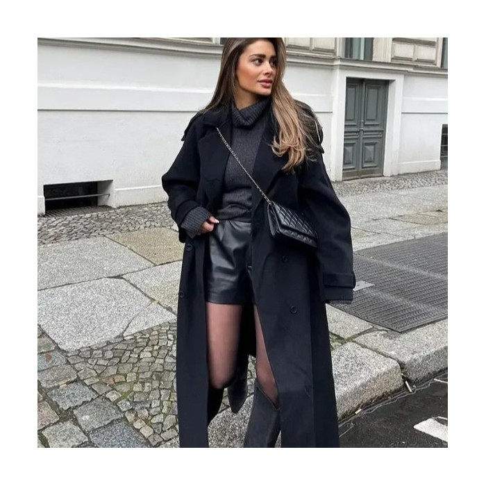 Loose Double Buckle Lapel Long Overcoat Outerwear