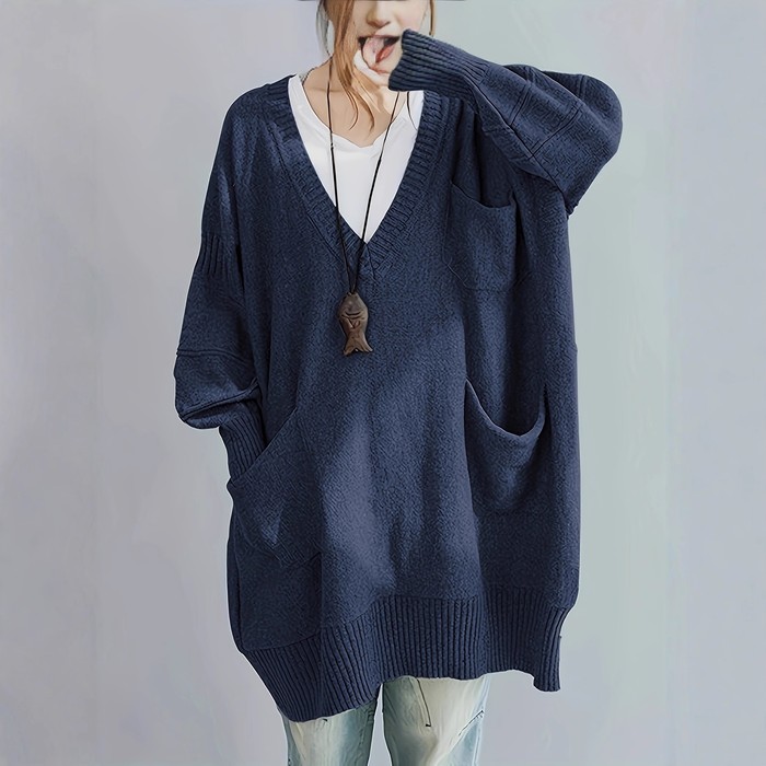 Loose-fitting V-neck Long Sleeves Outerwear Sweater