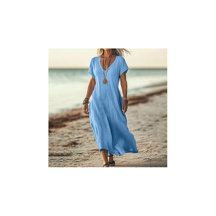 Loose Solid Color And V-neck Cotton And Linen Dress
