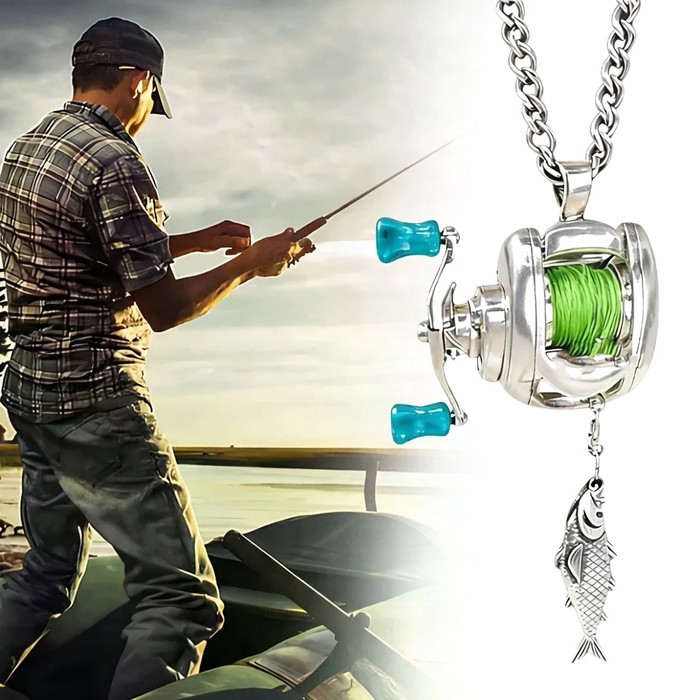 Luxury Fishing Reel Necklace Rotatable Detachable Fishing Reel Ring Exquisite Silver Men Neck Pendant Versatile Jewelry