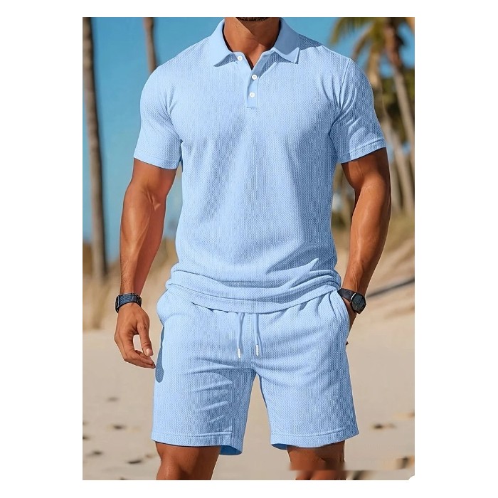 Men's Casual Beach Mesh Lapel Set Summer Comfortable Breathable Loose Solid-Color Sports Short-Sleeved Shirt And Shorts Set
