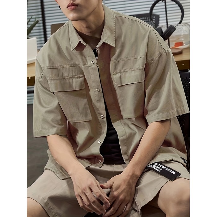 Men's Casual Shirt, Workwear Short Sleeve Simple Solid Color Fashion Loose Top