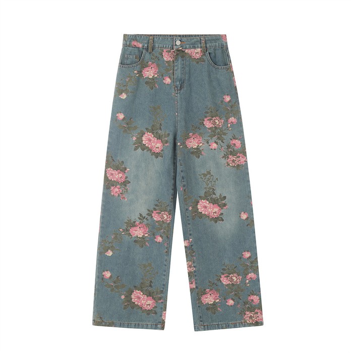 Men's Full Printed Rose Denim Trousers