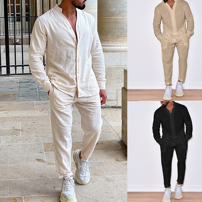 Men's Long Sleeve Suits Solid Color V-neck Pullover Tops And Straight Pants Casual Two Piece Set For Daily Wear Clothing