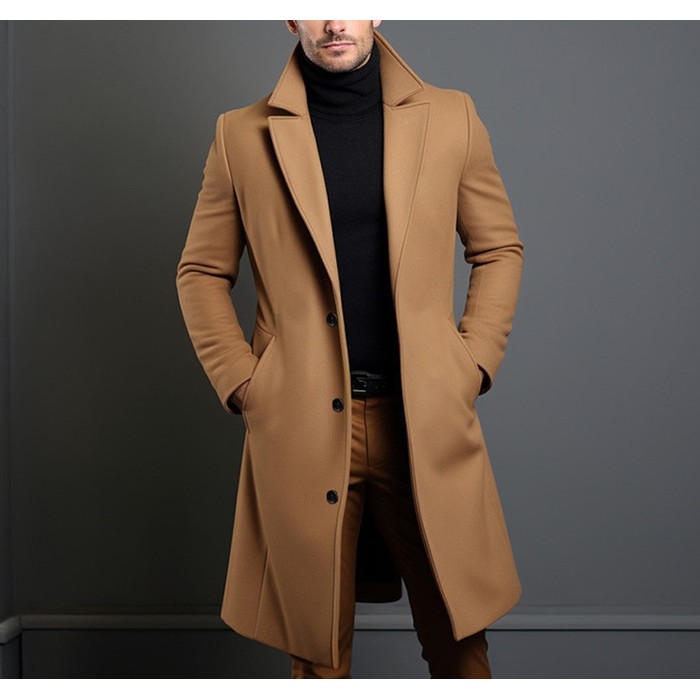 Men's Mid-length Trench Coat Fall Winter Slim Pockets Single-breasted Collar Jacket Casual Business Comfortable Overcoat Clothing