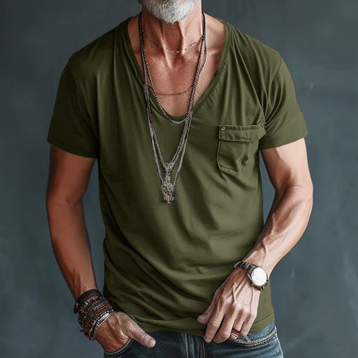 Men's Pocket T-shirt Cross V-neck Solid Color Plus Size Casual Short Sleeve