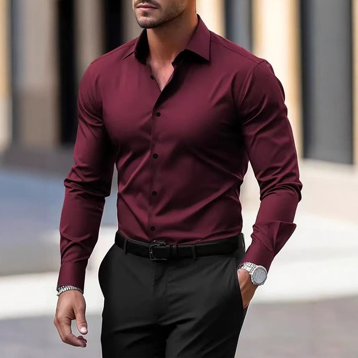 Men's Shirt Business Button Down Shirt Summer Solid Color Long Sleeve Lapel Vacation Shirt Fashion Temperament Casual Tops
