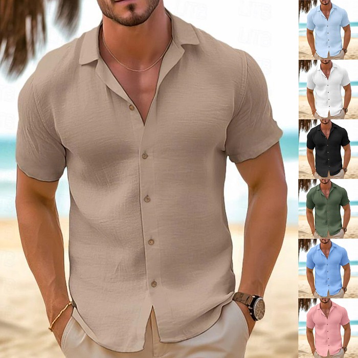 Men's Short-Sleeved Button-Down Shirt Summer Slim-Fit Lapel Shirts Casual Beachwear Clothing