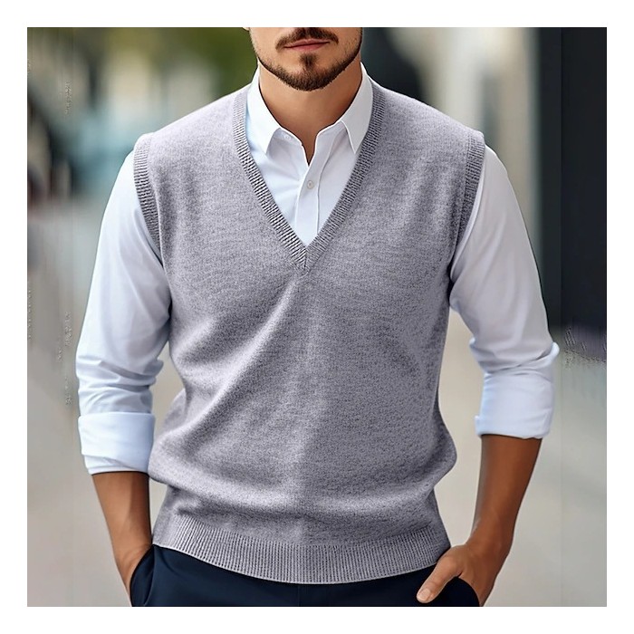 Men's Sleeveless Sweater Vest Casual Solid Color And V-neck