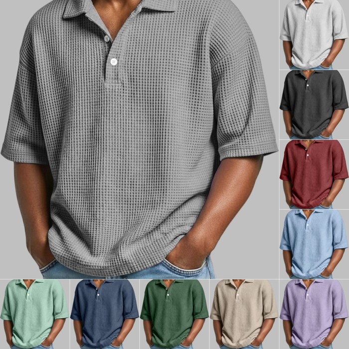 Men's Summer Basic Style Waffle Pattern Button Collar POLO Shirt Short Sleeve New Top