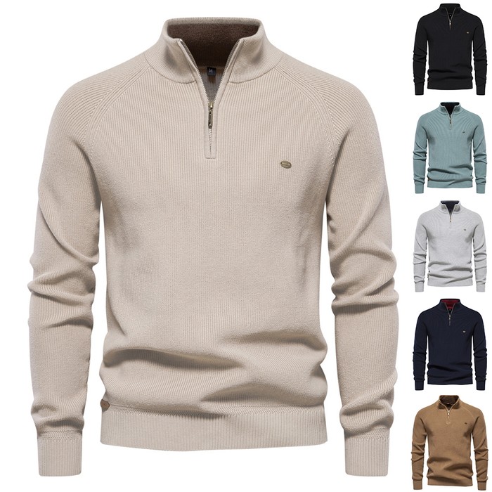 Men's Zipper Stand Collar Knitted Sweater Fashion Slim Solid Color Long Sleeve Half Turtleneck Top Men's Clothing