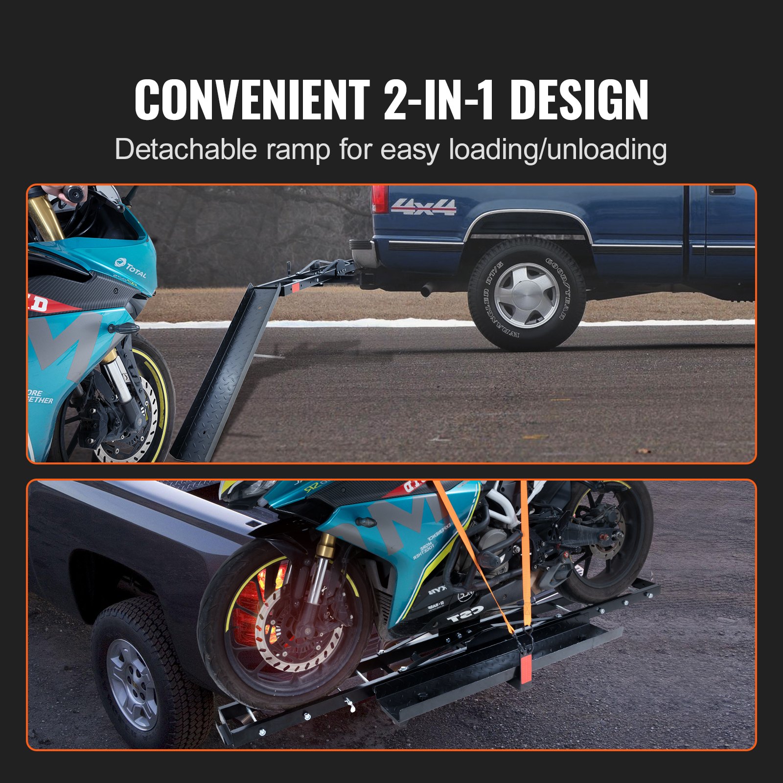Motorcycle Carrier, 600 LBS Steel Motorcycle Carrier Hitch Mount With Loading Ramp, Scooter Dirt Bike Trailer Hauler With Ratchet Straps And Stabilizer, For Car, Truck With 2 Hitch