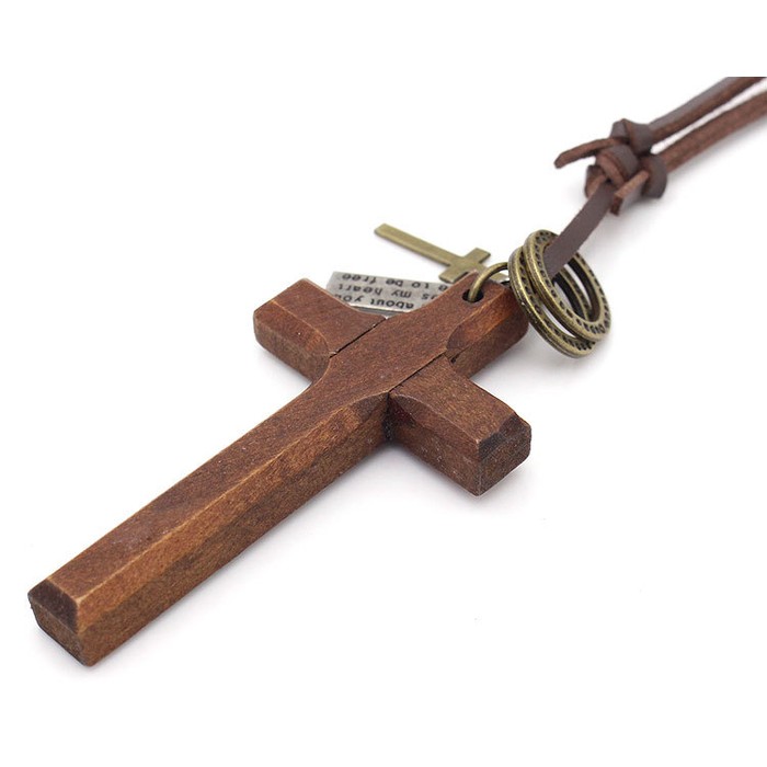 Natural Wood Cross Leather Cord Sweater Necklace