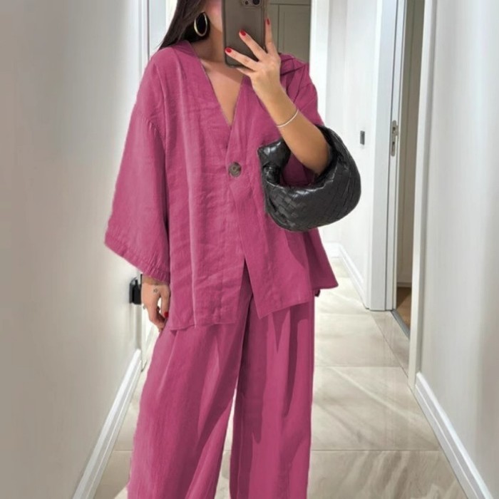 New Fashion Loose-fitting Women's V-neck Top And Wide Leg Pants Casual Suit