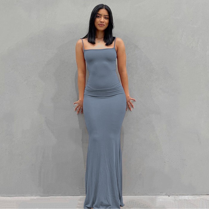 New Fashion Solid Color Sleeveless Sling Long Dress