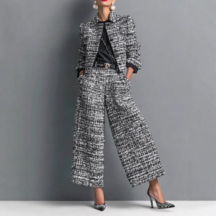Notched Lapel Slim-fit Women's Long-sleeve Short Top With Wide-leg Pants Set