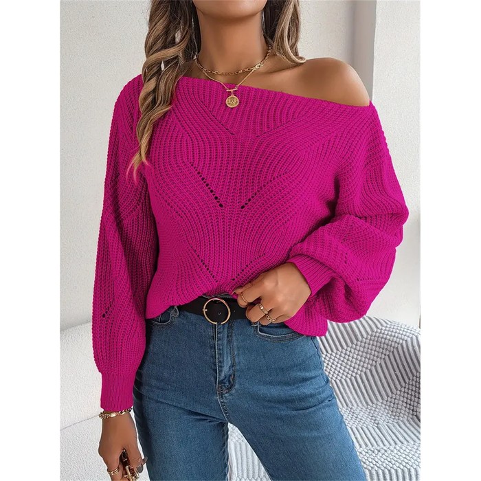 Off Shoulder Solid Color Sweater, Sexy Lantern Long Sleeve Sweater For Fall & Winter, Women's Clothing