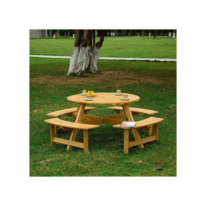 Outdoor 8 Person Picnic Table, 8 Person Round Picnic Table With 4 Built-in Benches, Umbrella Hole, Outside Table And Bench Set For Garden, Backyard, Porch, Patio, Natural