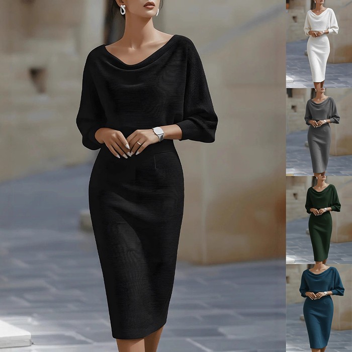 Pleated Batwing Sleeve Midi Dress - Women's Fashionable A-Line Casual Daywear