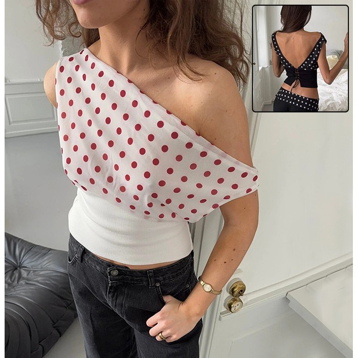 Polka Dots Print Oblique Shoulder Tops Summer Patchwork Chiffon Crop Top Women Sexy Sleeveless Lace Up Backless Blouse Casual Streetwear Tee