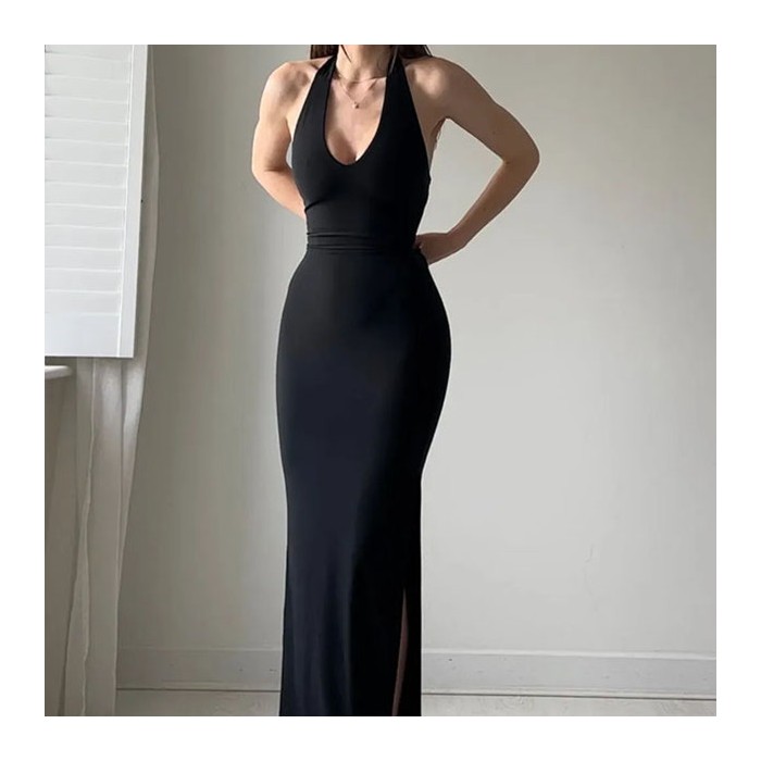 Pure Color Halter Lace-up Sexy Slit Dress